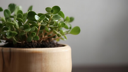 small round-leaved plant in light wooden pot, light wooden background, side light, close up shot