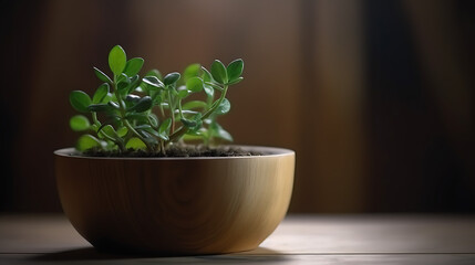 Obraz na płótnie Canvas small round-leaved plant in light wooden pot, light wooden background, side light, close up shot