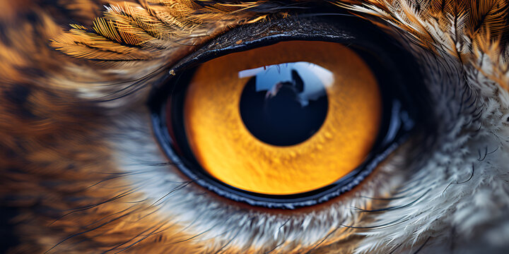 closeup shot of the eye of a eurasian eagle owl in daytime Close up macro photo of the Short eared Owls eye. AI Generative 