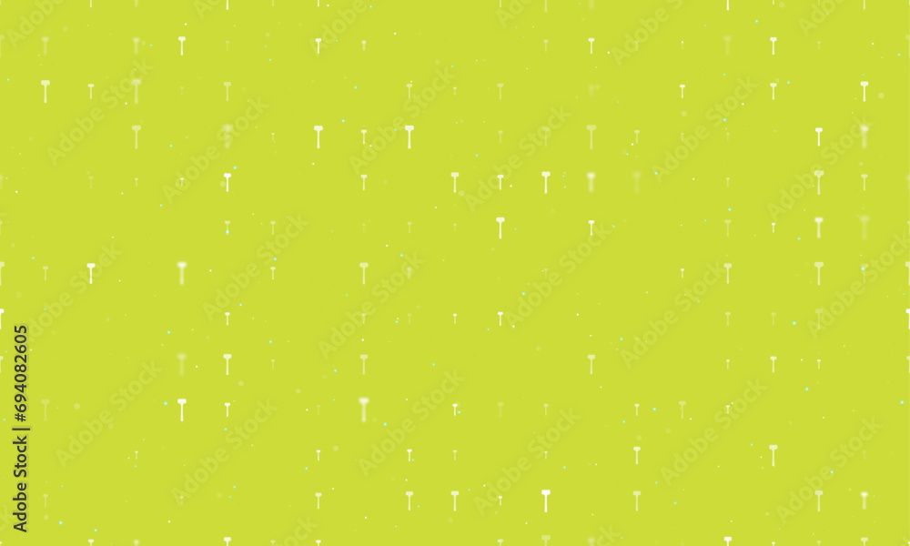Poster seamless background pattern of evenly spaced white mallet symbols of different sizes and opacity. ve