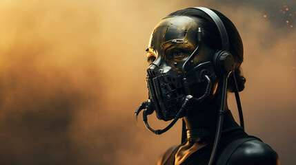 Cinematic image of a cyberpunk female bionic robot wearing a mask. Game character, science fiction. Medium frame, fog, dark key.
