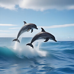 Obraz premium Playful dolphins jumping over breaking waves. Hawaii Pacific Ocean wildlife scenery. Marine animals in natural habitat.