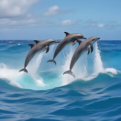 Playful dolphins jumping over breaking waves. Hawaii Pacific Ocean wildlife scenery. Marine animals in natural habitat.