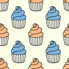 Cute cupcakes with cream seamless pattern background.