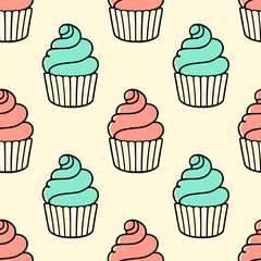 Cute cupcakes with cream seamless pattern background.