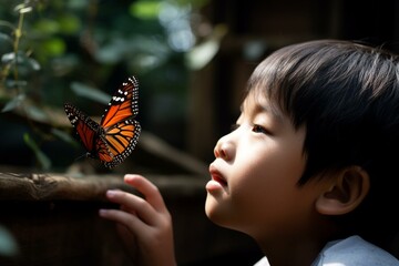 A young boy admires a butterfly. Generative AI