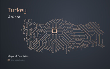 Turkey Map with a capital of Ankara Shown in a Microchip Pattern with processor. E-government. World Countries vector maps.