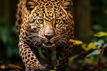 Jaguar - animal front view, isolated jungle.
