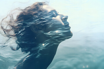 Double exposure portrait of a beautiful woman and sea or ocean waves