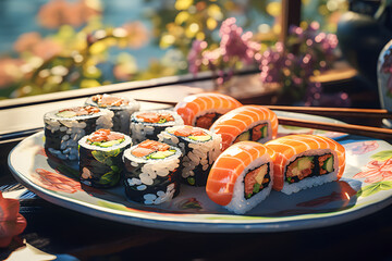 Illustration of a sushi dish on a table in a restaurant
