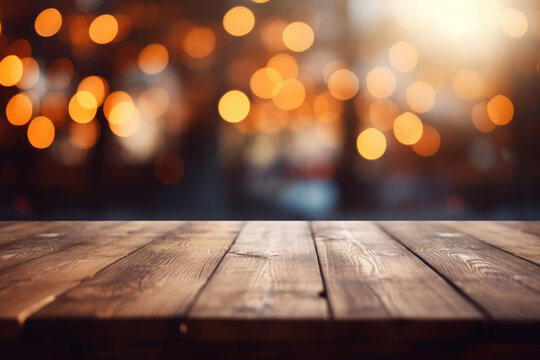 Empty wooden table top with lights bokeh on blur background An empty wooden counter table top for product display Ai generated