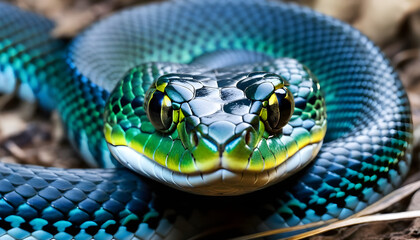 Fototapeta premium Blue viper snake closeup face
