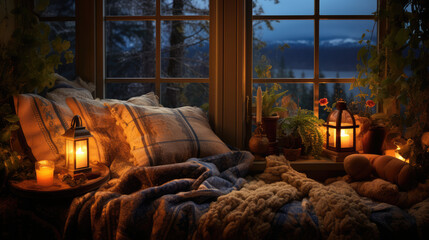 Cozy pillows, blankets, and fabrics by a cozy springtime windowsill, illuminated by candlelight, calming rhythms, cozy lighting