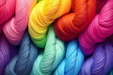 Many colorful Rainbow yarn for knitting. Twisted threads abstract background. illustration - obrazy, fototapety, plakaty