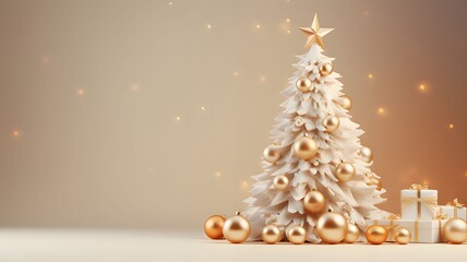 Fototapeta na wymiar Small Christmas tree with gold baubles and gifts on the right, side view on gold background with bokeh effect.Christmas banner with space for your own content.