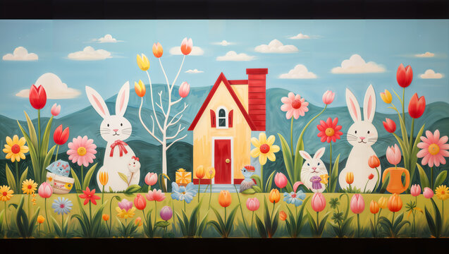 abstract easter painting with bold strokes with bunny, flowers and house in front of mountains and sky with clouds
