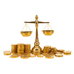 Scales of justice and gold coins isolated on transparent background.