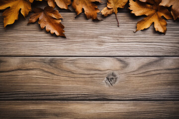 Fototapeta premium Empty wooden table top with leaf and bokeh on blur background An empty wooden counter table top for product display Ai generated