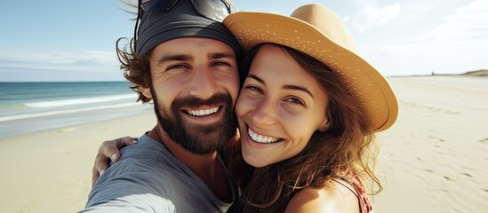 Young man embraces woman in selfie on sunny beach.