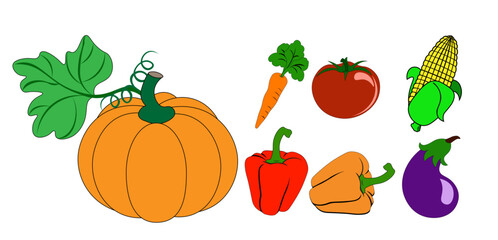 Set of cartoon vegetables, pumpkin, pepper, carrot, corn, eggplant. Vector illustration