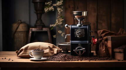 Local coffee roastery, dark roast beans, vintage grinder, burlap coffee sacks, rustic wood, aroma...