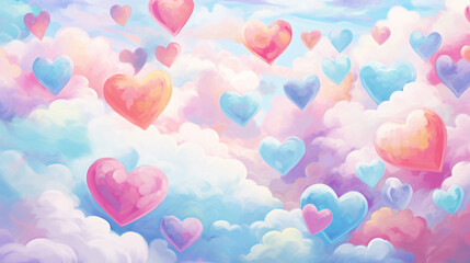 Love heart illustration, girly pastels, watercolor style, fluffy cloud hearts, gentle strokes, soft ethereal light, dreamlike, Lisa Frank, kawaii culture