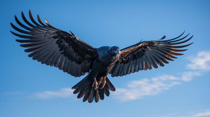 Majestic bird in flight, mid-air motion, blue sky, sharp features, graceful flight mechanics