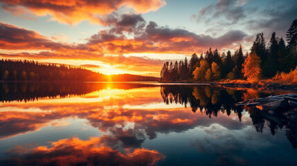 Majestic sunset over a tranquil lake, reflecting golden hues