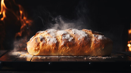 Homemade bread loaf, steam, cinematic lighting, dark background