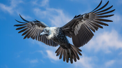 Majestic bird in flight, mid-air motion, blue sky, sharp features, graceful flight mechanics