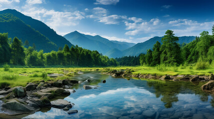 Lush, vibrant Earth environment, forest, water body, mountains, panoramic HDR, focus stacking, environmental conservation