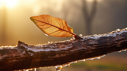 New leaf budding on aged tree, new beginnings, detailed leaf texture, water dew droplet, morning golden hour light, macro photography