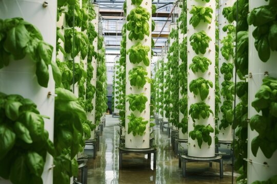 Modern vertical vegetable hydroponic system tower farm with many layers of plants and vegetation inside the greenhouse