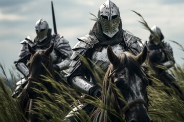 Medieval knights on horseback in the field. Selective focus