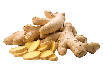 Fresh ginger rhizome sliced with an isolated white background