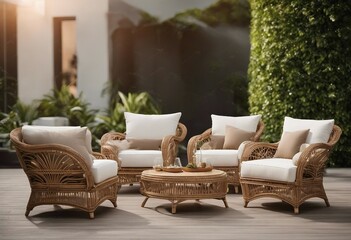 Collection Set of outdoor garden rattan straw couches armchairs cutouts single seat sofas