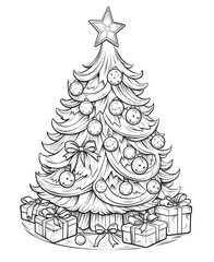 Christmas tree with baubles, gifts, star. Black and white coloring sheet. Xmas tree as a symbol of Christmas of the birth of the Savior.