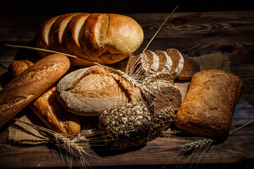 Fresh loaves of bread, various breads for toasts and sandwiches, delicious crispy breads,...