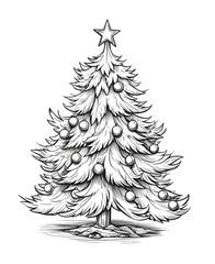 Christmas tree with baubles and star. Black and white coloring sheet. Xmas tree as a symbol of Christmas of the birth of the Savior.