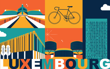 Luxembourg culture travel set, video split screen, famous architecture in flat design. Business travel, tourism concept clipart. Image for presentation, banner, website, advert, flyer, roadmap, icon