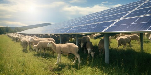 Modern farm, grazing goats and sheep under solar panel system - obrazy, fototapety, plakaty