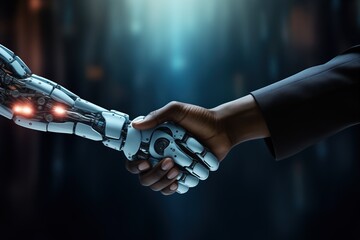 Business handshake between robot and human, futuristic background, intelligence artificial partnership - obrazy, fototapety, plakaty