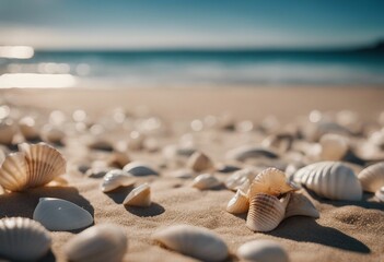 Fototapeta na wymiar Shells on the sandy beach Travel holiday and vacation concept Summer background