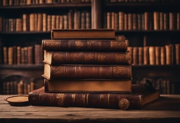 Wide banner of old vintage library stack of antique books on old wooden table in fantasy medieval...