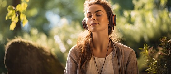 Teen meditating outdoors with headphones in a park, enjoying fresh air.