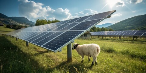 Modern farm, grazing goats and sheep under solar panel system - obrazy, fototapety, plakaty