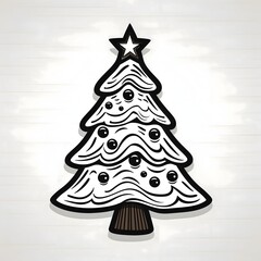 A simple Christmas tree with baubles and a star. Black and white coloring sheet. Xmas tree as a symbol of Christmas of the birth of the Savior.