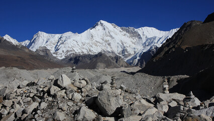 Largest glacier of Nepal, Ngoumpa Glacier. Cho Oyu, high mountain on the Nepal Tibet border.