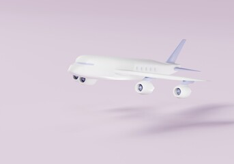 3D White airplane on isolated pastel background. Concept of flight and travel. Minimal cartoon flight airplane travel tourism plane holiday summer concept. 3D render illustration.