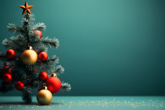 Tiny Christmas tree with red and gold baubles and star on the left. Gold background. Side view.Christmas banner with space for your own content.